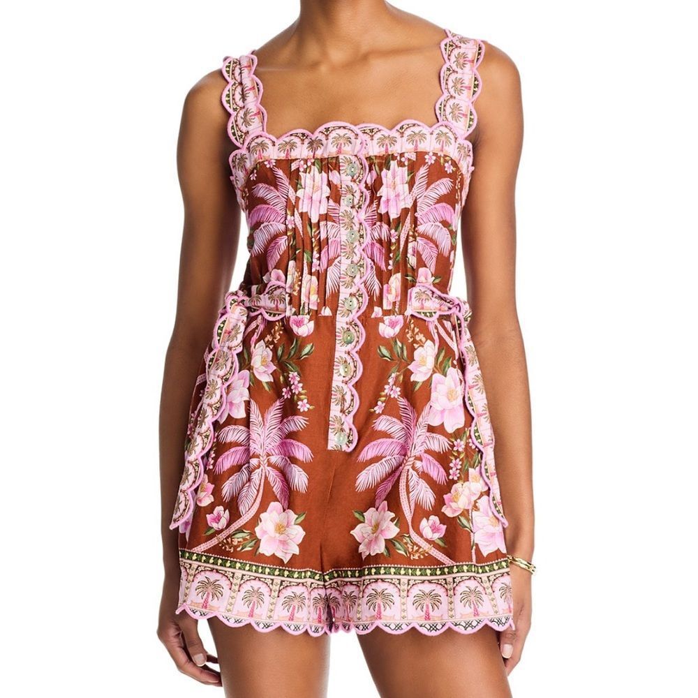 FARM Rio Pink & Brown Tropical Embroidered Romper